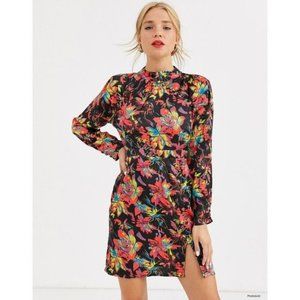 ASOS dusty Daze mini dress with high collar and clasps in dark floral print long
